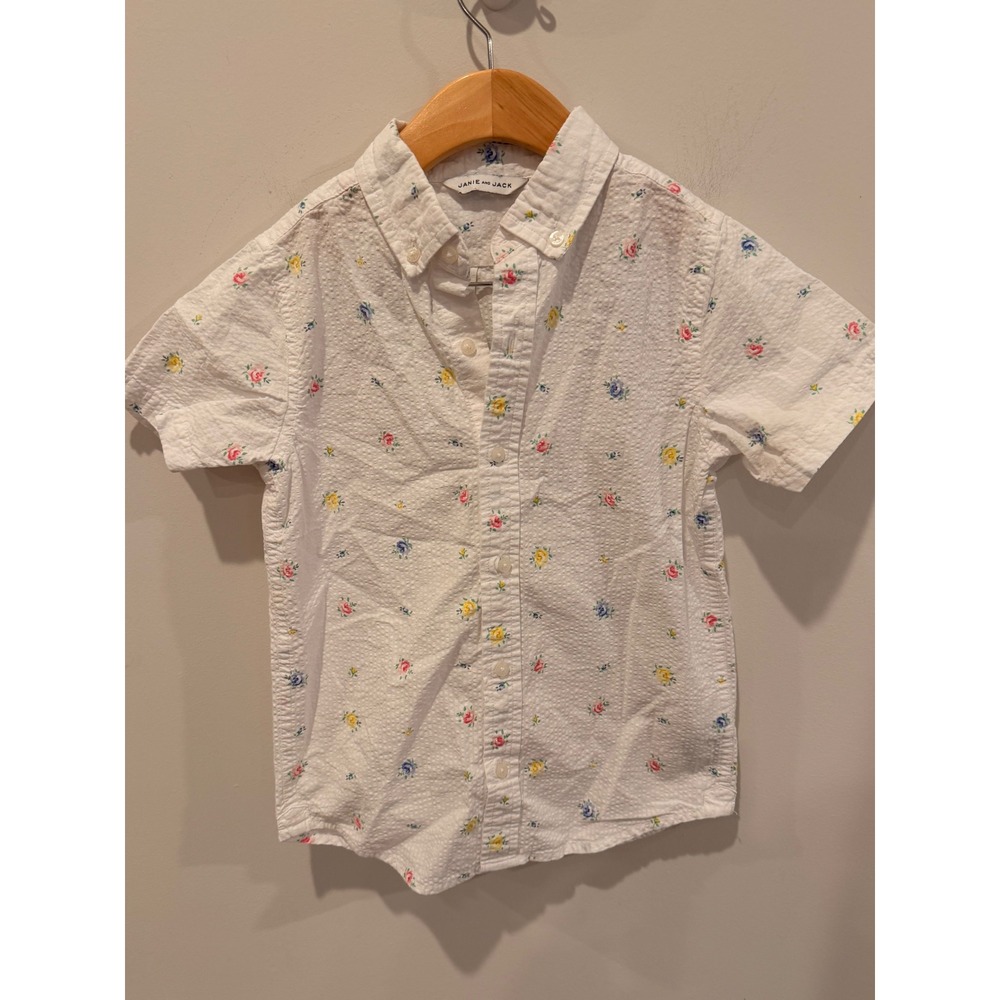 Janie and Jack Kids White Seersucker Floral Short Sleeve Button Down Shirt Sz 7